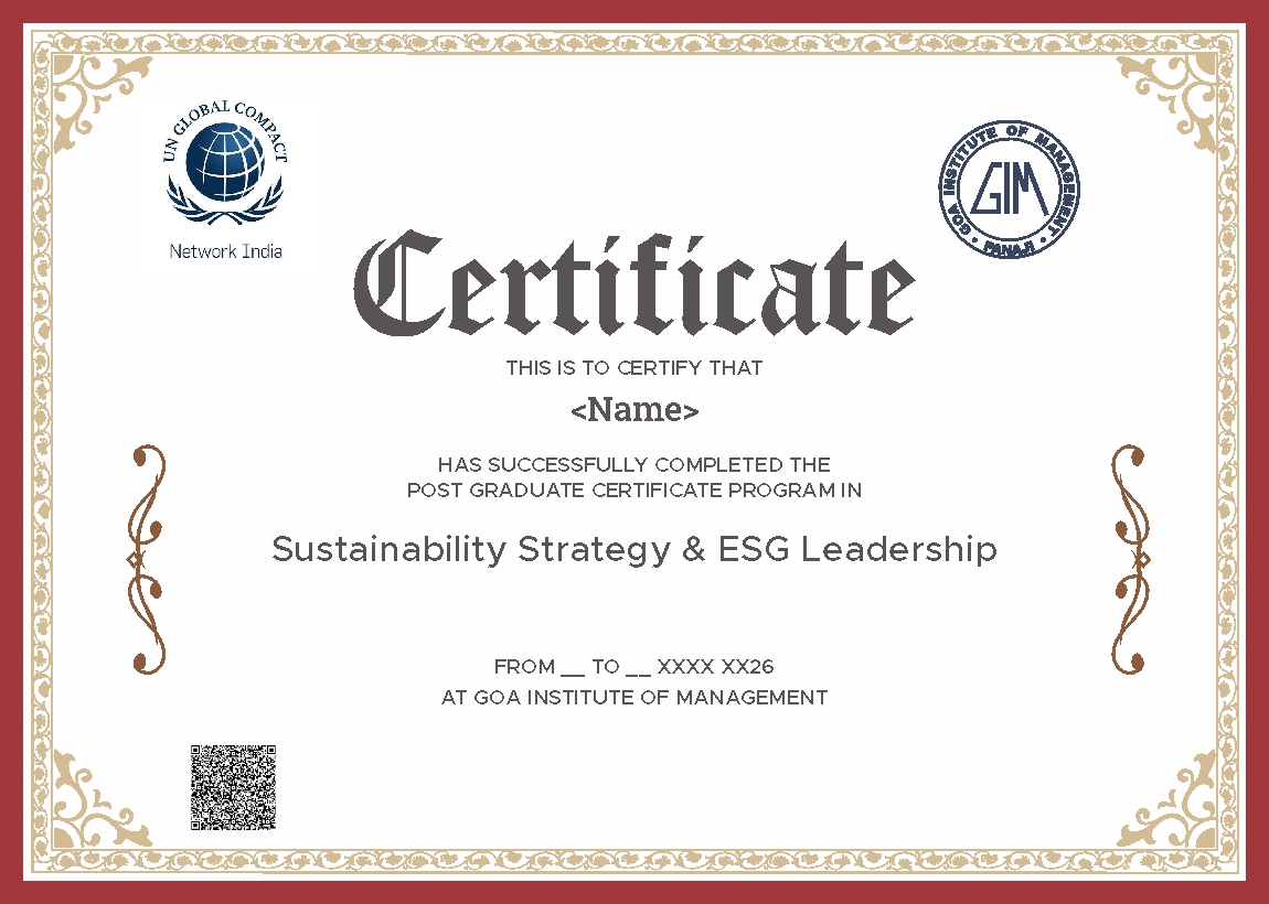 Sample Certificate of Completion issued by Goa Institute of Management and UN Global Compact Network India